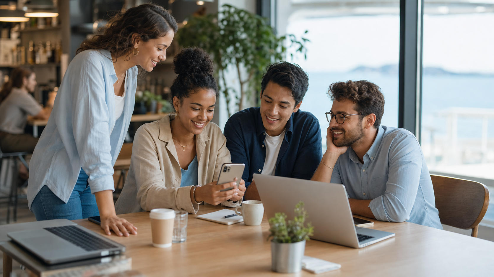 Small business operators reviewing a money movement app at a cafe