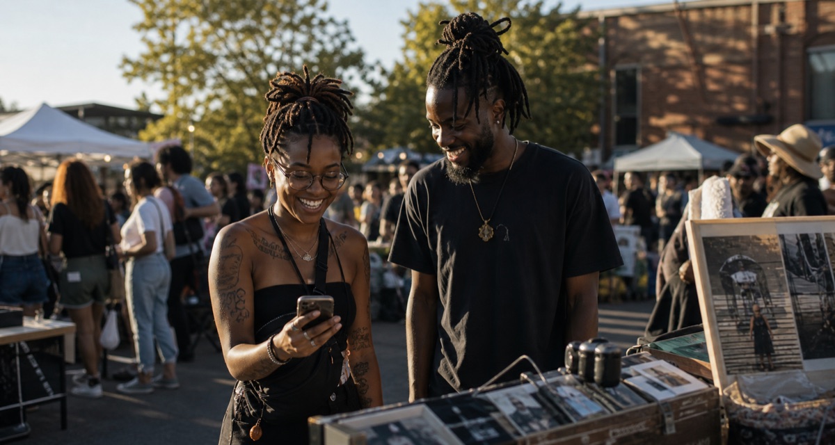 Creators checking a payout at an outdoor market