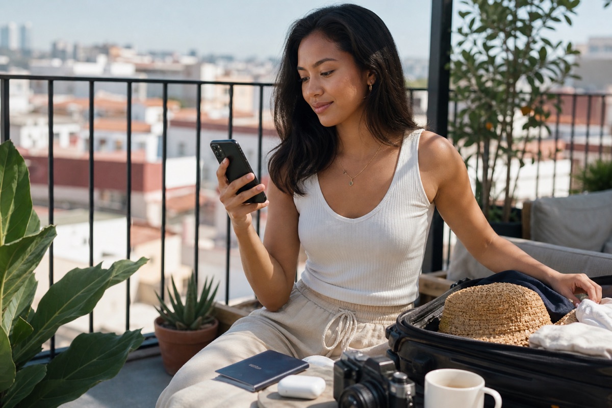 A traveler checking a wallet on a balcony while packing